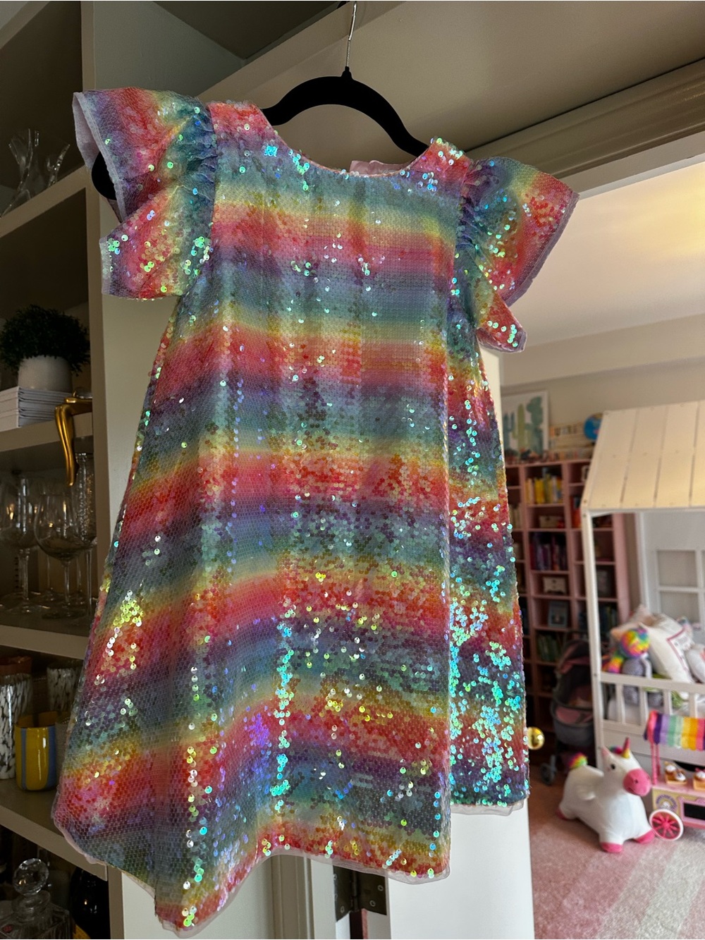 Lola + The Boys Rainbow Sequin Flutter Sleeve Dress - Multicolor